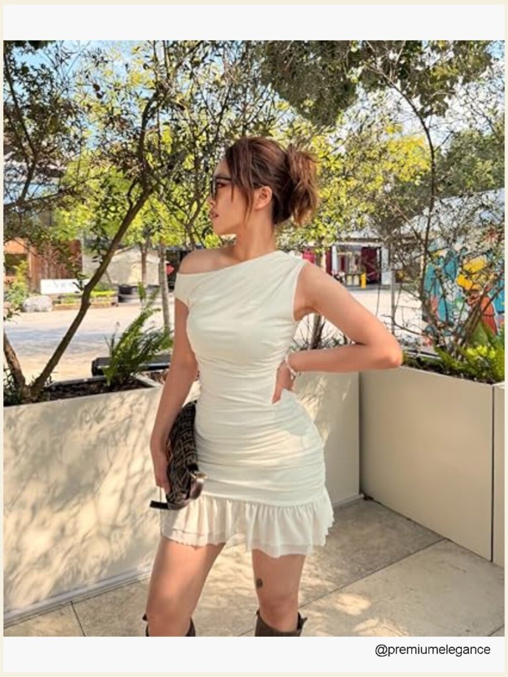 One Shoulder Ruched Bodycon Mini Dress Ruffle Hem Night Out Cocktail - Picture 4 of 7